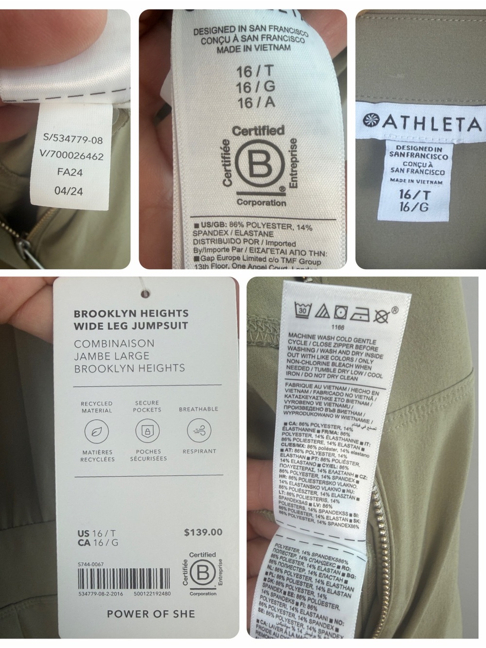 NEW Athleta Brooklyn Heights Wide Leg Jumpsuit Size 16T Olive Athleisure Utility - Picture 16 of 16